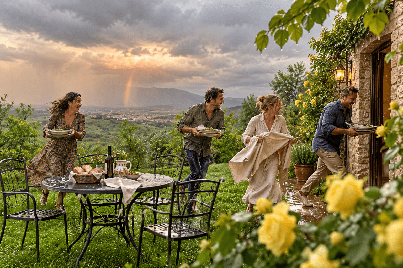 Travelers rescuing lunch from the rain in a countryside garden in Umbria