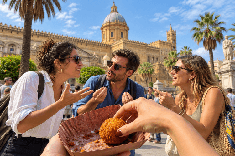 Travelers debating near Palermo Cathedral as a hand reaches for the last arancina
